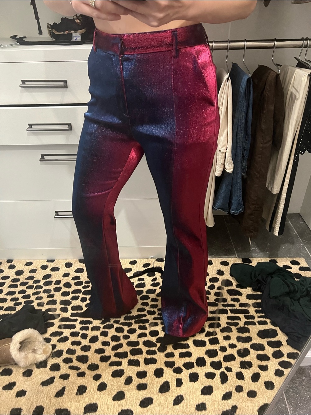 AREA Metallic Pink and Blue Iridescent Flared Trousers